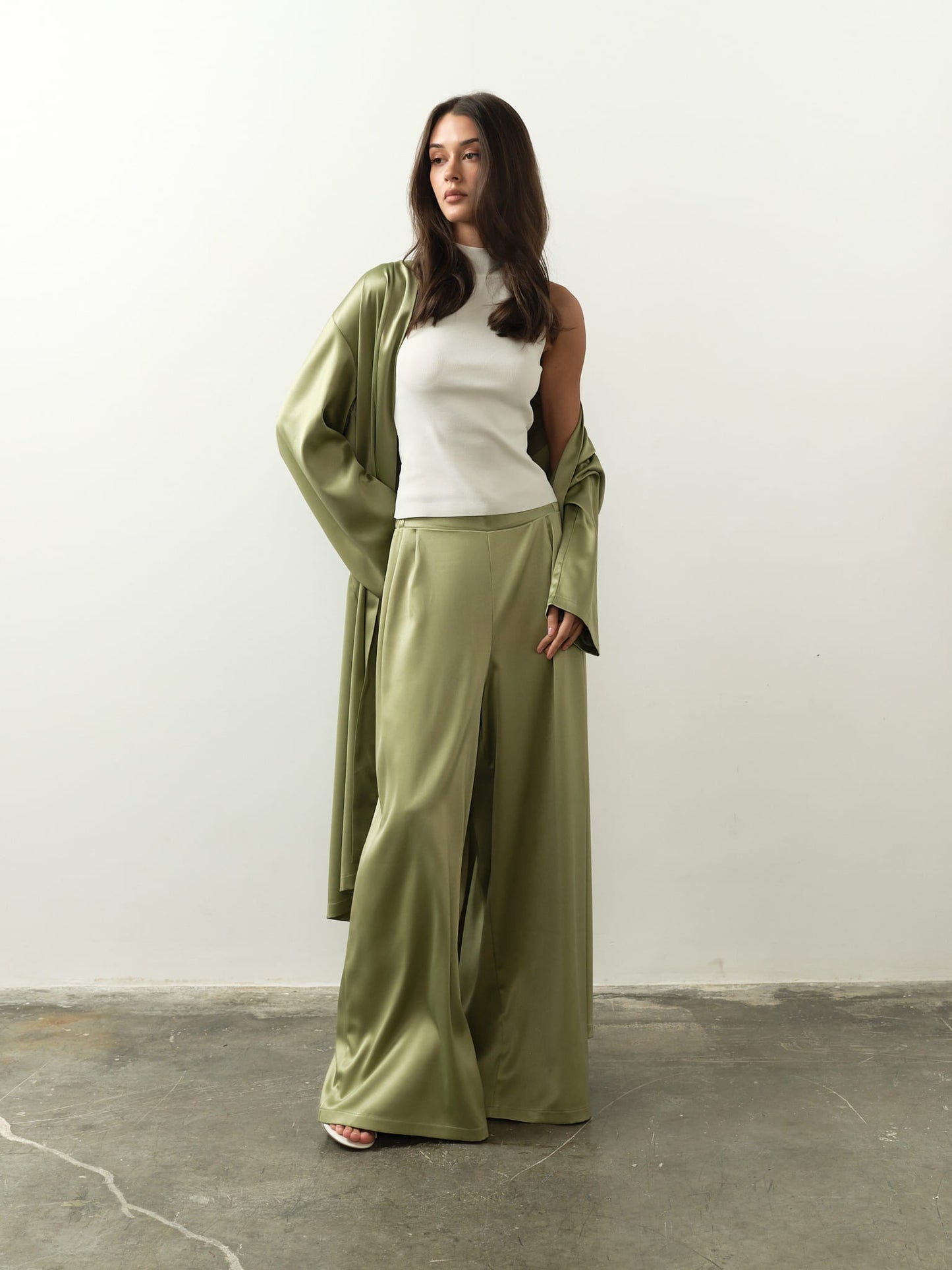 Talisa Set: Elegant Olive Green satin full-length robe with wide-leg trousers, designed for effortless movement and modern sophistication.